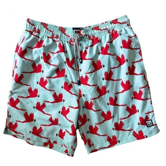 TOM & Teddy Red Parrot Print Swim Trunks Mens XL - Picture 1 of 7